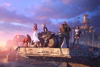 The cast of Final Fantasy VII remake standing in the city outskirts with a motorcycle.