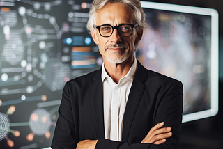 60-plus businessman in front of a technology display