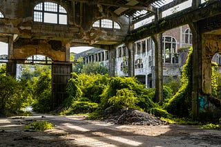 A crumbling abandoned building being reclaimed by nature.