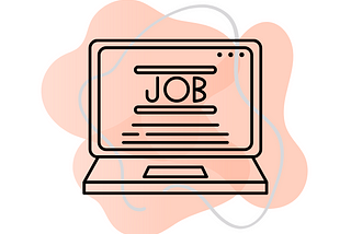 Illustration of a laptop with the title ‘Job’ on the screen, set against a white and pink background.