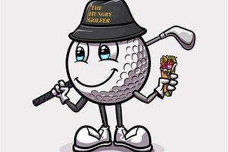 The Hungry Golfer’s logo, Mr. Dimples. A golf ball with a friendly face wearing a bucket hat and holding a golf club in one hand and a sandwich wrap in the other hand.