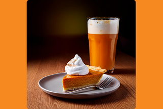 Slice of pumpkin pie and a fork on a small plate, with an amber-colored drink nearby.