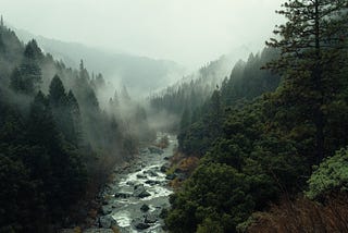 A river flowing amidst tall trees in a misty mountain.