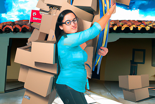 DALLE-2 AI art: Organisational change manager leading a big house move, digital art by Allan Owens. A female executive dressed in jeans and a button-up shirt, carrying lots of boxes, looking confident — outside of a house.