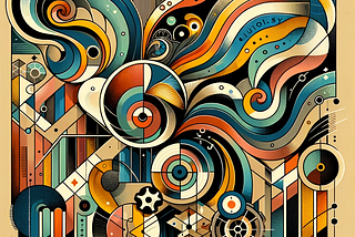 Abstract mid-century modern art-inspired image depicting the interplay of curiosity and productivity. A swirling patterns and open-ended lines in vibrant colors, symbolizing the dynamic nature of curiosity. These elements are integrated with structured shapes like gears and orderly patterns, representing productivity. The color palette combines earthy tones with bright, retro hues, creating a visually striking representation of the balance between innovative curiosity and structured efficiency.