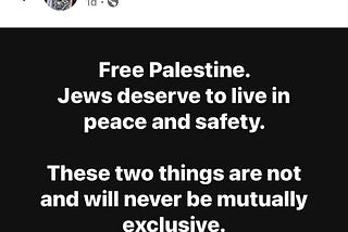 A tweet by Detryck von Doom that reads “Free Palestine. Jews deserve to live in peace and safety. These two things are not and will never be mutually exclusive.”
