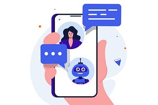An illustration of a hand holding a mobile phone that depicts an interface of a human and a robot chatting back and forth.