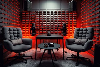 Studio interior for podcast and interview with two chairs.