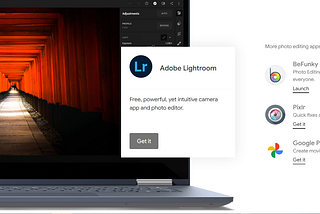 A laptop screen displaying Adobe Lightroom with an edited photo of a red torii gate pathway. To the right, additional photo editing apps like BeFunky, Pixlr, and Google Photos are listed with their respective descriptions and ‘Get it’ or ‘Launch’ buttons.