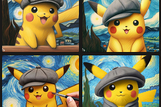 AI-generated images of the trademarked character Pikachu. Images generated by Microsoft’s Bing Image Generator.