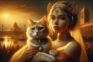 Image of a beautiful girl holding a cat. The girl wears elaborate ancient Egyptian jewels on her head, neck and arm, and has a royal outfit, like a princess. She also has green/blue eyes and blonde hair. The cat also wears a similar collar. They both look at the camera. On the background Arabic or ancient Egyptian buildings can be seen.