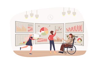 Cartoon image of three female-appearing business people one of whom is in a wheelchair, viewing complicated investment dashboards and charts