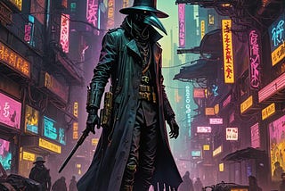 Plague Doctor is on very high stilts, floating mid-air as the world around rages in Klimt and Cyberpunk style with elements of Dali and Giger style — colorful, high resolution.