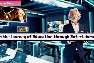 A futuristic classroom with glowing blue lights, multiple screens, and students working on laptops. In the foreground, a hologram of Ben Kingsley as Isaac Newton, dressed in a suit with white hair and a beard, speaks passionately. Behind him, a screen shows a hologram of the real Isaac Newton in period clothing holding compasses. A pink label says “The Liat Show,” and a banner reads “Join the Journey of Education through Entertainment.