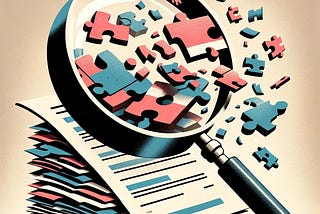 An image of a magnifying glass examining a stack of documents. As each document is scrutinised, it flies apart into jigsaw puzzle pieces.