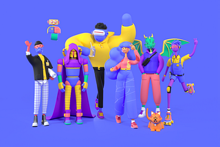 A Polywork illustration of digital characters, including whimsical dragons, robots and humans