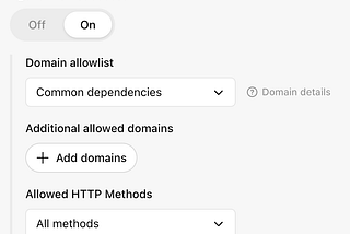 A configuration panel for Agent Internet Access, including: Toggle On/Off (currently On); Domain Allowlist (Set to Common dependencies).