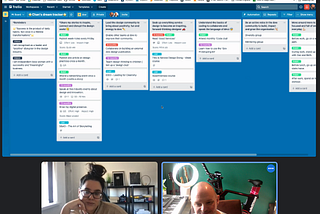 A screen grab of a Google Meet call with a Trello board