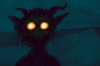 A fiery-eyed pooka, on a dark country road.