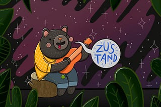 A bear playing a guitar with a “Zustand” speech bubble