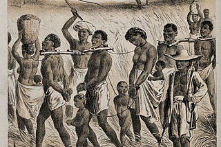 From Wikipedia.org: “Group of captured African men, women and children herded by men with whips and guns in order to become slaves.”