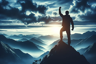 Silhouette of a determined man with arms raised in triumph stands on a mountain peak at dawn. The background features a dramatic sky painted in dark blue and gray tones, symbolizing challenges overcome and personal triumph. The image conveys themes of strength, resilience, and the success of perseverance against a rugged natural landscape.