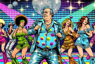 A pop art image of a middle-aged man in glittery clothes on a disco floor with women dancing beside him