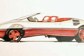 Hand-drawn concept sketch of a sleek two-seat convertible car in white with a red lower body and red wheels. The car features a low, aerodynamic profile with sharp lines, black accents on the rear panel, and a streamlined windshield. The signature in the bottom right corner appears to read “M. Henrion ’81,” though the handwriting is not entirely clear. The image is rendered in marker and ink on an off-white background.