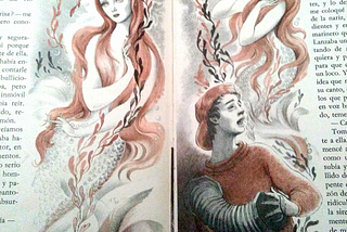 Illustration of a mermaid and sailor from “The Green sailor” by Hernán del Solar