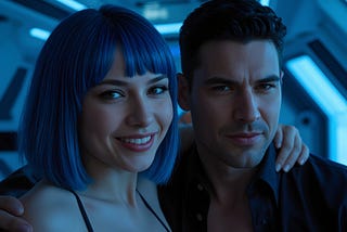 A sexy and attractive woman with short blue hair poses for a selfie wit a sexy man aboard a spaceship. Space ship erotica.