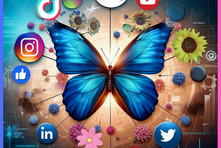 social butterfly karen michaels a blue butterfly, flowers, and social media icons like instagram, facebook, linkedin, twitter, x tiktok, youtube