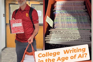 Two photos. Mark Marino standing on the left, holding his bag of composition notebooks and the composition notebooks on the right with the question: College Writing in the Age of AI?