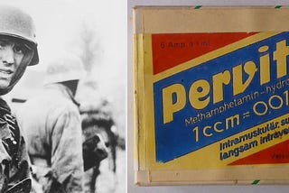 LEFT: A German Waffen-SS soldier, heavily armed, carries ammunition boxes forward with a companion in territory taken by their counter-offensive in this scene from a captured German film. Belgium. December 1944. (Image source: Public Domain). RIGHT: Packaging containing six Pervitin (methamphetamine hydrochloride) ampoules from Germany, circa 1940. (Image source: Wikimedia Commons). Creative Commons license: CC BY-SA 4.0 DEED.