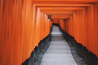 The red torii gates of the Japanese sight Fushimi Inari-Taishi.