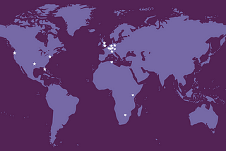 Worldmap showing hearts and stars that symbolize where the organizers (Botswana, France, Germany, Nairobi, and Tunisia) and the speakers (Germany, Switzerland, UK, and the US) are from.
