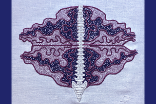 The album cover for The Hum. It reads: The Hum. Lia Pas. The image is of Lia’s embroidery, “sensorium” with a purple navy tinge and dark purple navy bars on either side. In the centre of some bone white linen, there is a spine in thick satin stitch. Emanating from the spine are thick burgundy & navy lines in an undulant oval shape. The rest of the undulant oval is filled with fine coiling burgundy lines.