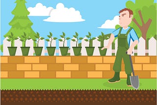 A man dressed in overalls holding a spade looks suspiciously at a row of plants.