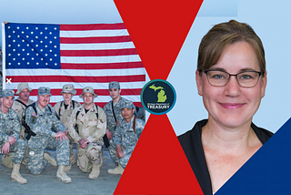 Headshot of Corey Grant next to a photo of her with troops in Afghanistan in front of a USA flag.