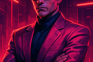 Strategic professional in cyberpunk aesthetic with illuminated tech glasses, symbolizing augmented intelligence and the fusion of human expertise with technological enhancement