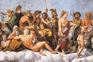 A gathering of the Olympian gods of Greek mythology. Painting by Raphael
