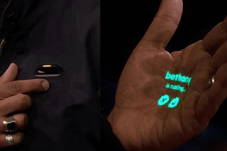 In coming call projected on a hand by a little hardware device called AI Pin