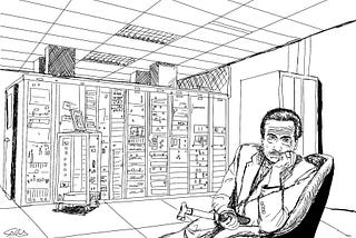 A hand-drawn illustration of Marshall McLuhan in a computer lab with server racks behind him. He is holding a hammer and AI is etched on the side via Procreate by Chris R. Becker