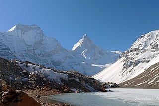 frozen Kedartal lake shadowed by Thalayasagar peak