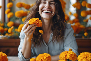 Happy woman surrounded by marigolds.