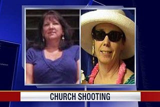 On the left is an image of a woman with long brown hair in a purple blouse. On the right is an image of a woman in sunglasses with a large straw hat, a pink lei around her neck, and large earrings. Underneath, the text reads “CHURCH SHOOTING.”