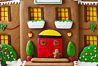 A very fancy gingerbread house with a red door.