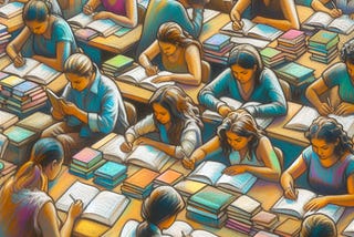 Pessoas agrupadas em um ambiente, lendo e escrevendo livros