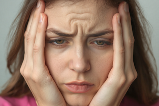 a close up image of a woman looking stressed and holding their head in their hands