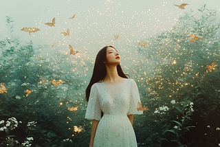 A woman gazes upward amidst a dreamy forest, surrounded by glowing butterflies and ethereal light.