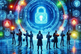 Picture of a cybersecurity team standing side by side with a futuristic security neon colored background